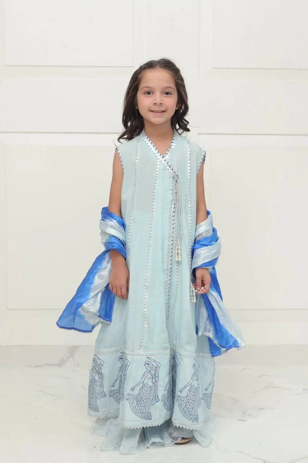 Shehrnaz - SHKK-982 - Light Blue - Block Print - Angarkha - 3 Piece