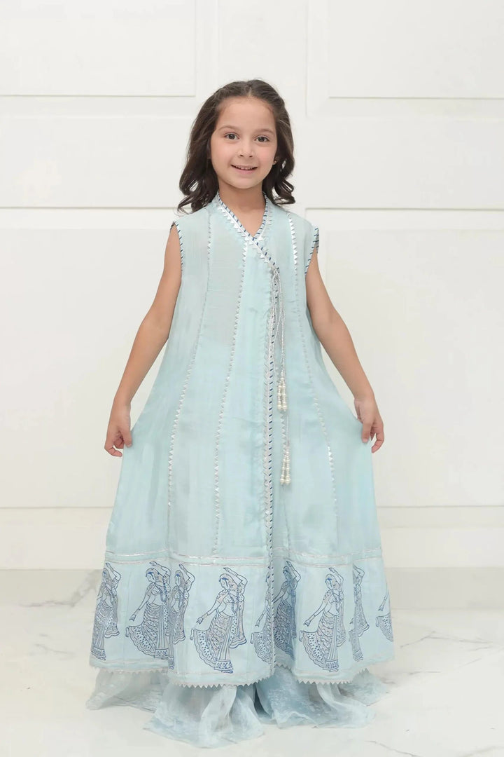 Shehrnaz - SHKK-982 - Light Blue - Block Print - Angarkha - 3 Piece