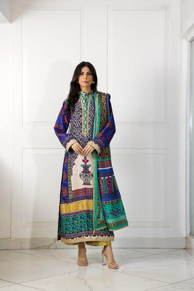 Shehrnaz - Turquoise and Green Block Printed Shirt & Dupatta with Gold Azaar Pants - SHK-1045