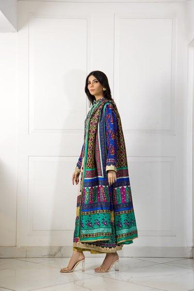 Shehrnaz - Turquoise and Green Block Printed Shirt & Dupatta with Gold Azaar Pants - SHK-1045