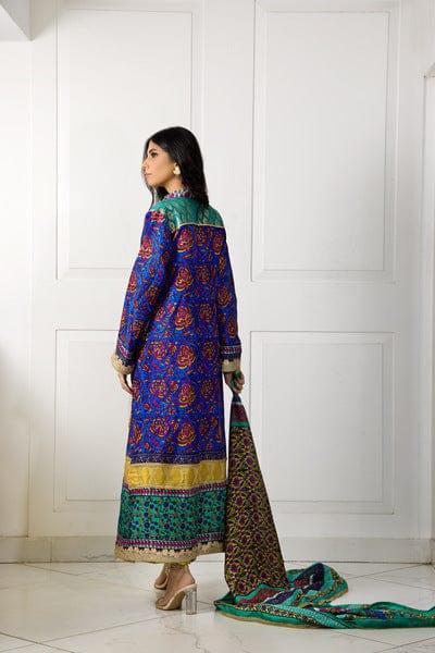 Shehrnaz - Turquoise and Green Block Printed Shirt & Dupatta with Gold Azaar Pants - SHK-1045