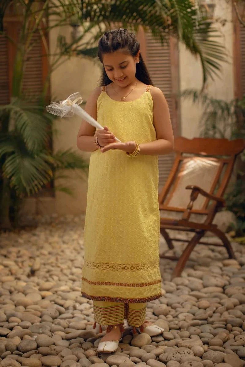 Shehrnaz - Yellow Chikan Long Shirt With Matching Azaar – SHKK-1097 - 2 Piece