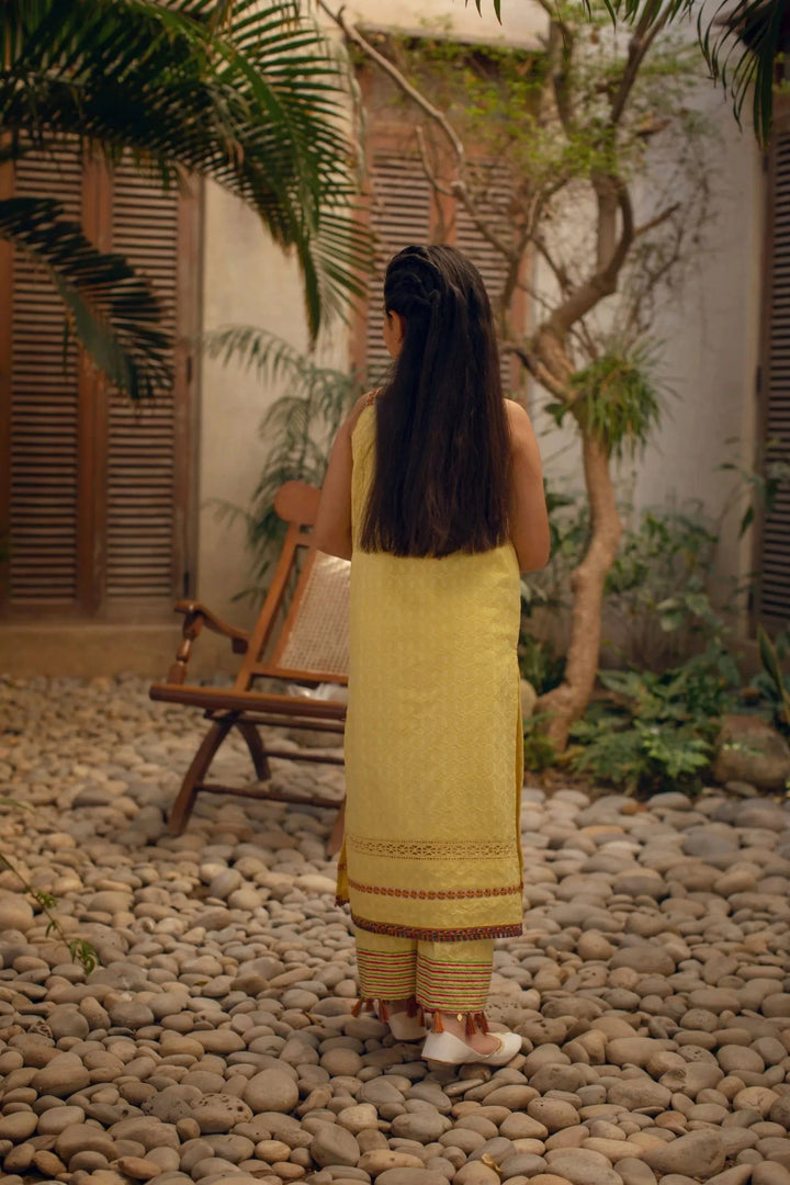 Shehrnaz - Yellow Chikan Long Shirt With Matching Azaar – SHKK-1097 - 2 Piece