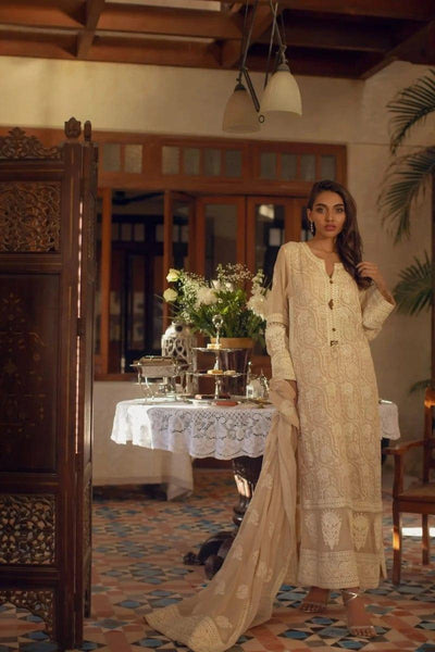 Shehrnaz - Beige Long Shirt With Embroidery Paired With Capri Pants & Chiffon Dupatta With Detailing – SHK-1067 - Studio by TCS
