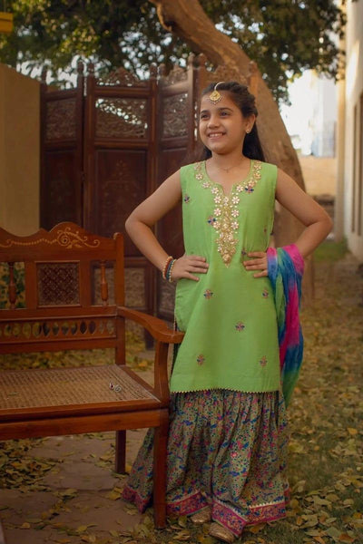 Shehrnaz - Dhaani Green Silk Shirt With Gotaa Work Paired With Block Printed Gharara & Shaded Dupatta – SHKK-1094 - Studio by TCS
