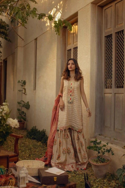 Shehrnaz - Beige Shaded Long Shirt With Embellishment Paired With Satin Block Printed Gharara & Dupatta – SHK-1083 - Studio by TCS