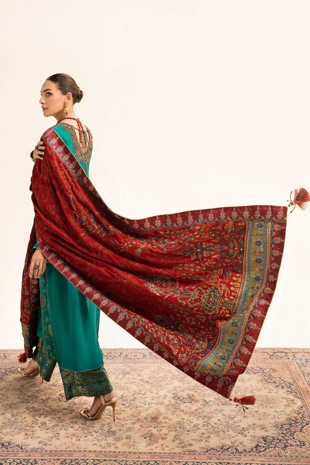 Nilofer Shahid - Tissue Silk Shirt & Khimkhaab Pants with Velvet Shawl - 3 Piece - Studio by TCS