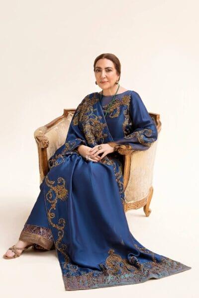 Nilofer Shahid - Royal Blue Tissue Silk Shirt & Khimkhaab Pants with Tissue Silk Shawl - 3 Piece - Studio by TCS