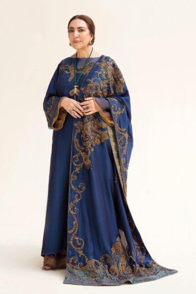 Nilofer Shahid - Royal Blue Tissue Silk Shirt & Khimkhaab Pants with Tissue Silk Shawl - 3 Piece - Studio by TCS