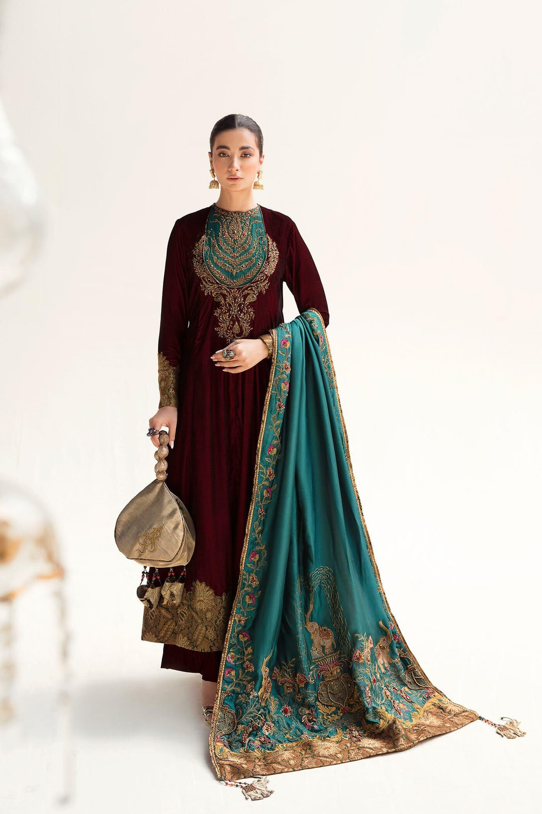 Nilofer Shahid - Velvet Embroidered Shirt & Pants with Tissue Silk Shawl - 3 Piece - Studio by TCS