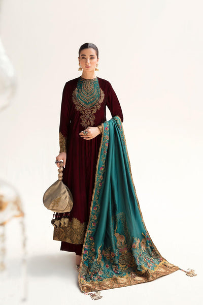 Nilofer Shahid - Velvet Embroidered Shirt & Pants with Tissue Silk Shawl - 3 Piece - Studio by TCS