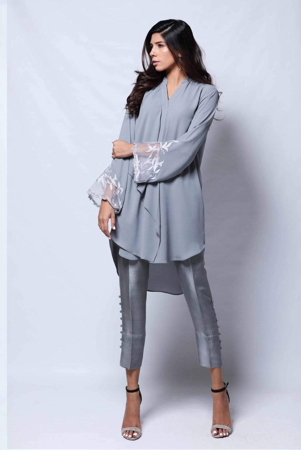 Natasha Kamal - Tia Layered Tunic With Embroidered Organza Insert Sleeves With Raw Silk Trouser