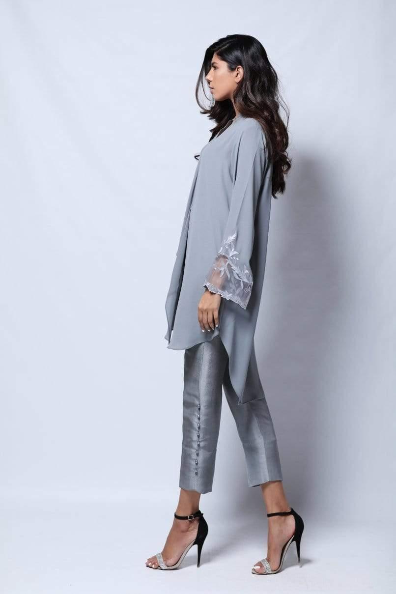 Natasha Kamal - Tia Layered Tunic With Embroidered Organza Insert Sleeves With Raw Silk Trouser