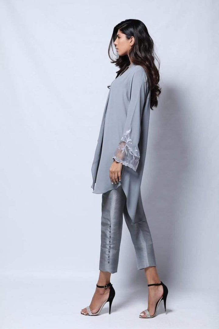 Natasha Kamal - Tia Layered Tunic With Embroidered Organza Insert Sleeves With Raw Silk Trouser