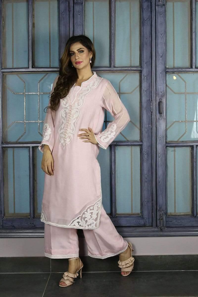 Urooj Atelier - Baby Pink Cotton Neck Applique Shirt - 3 PC