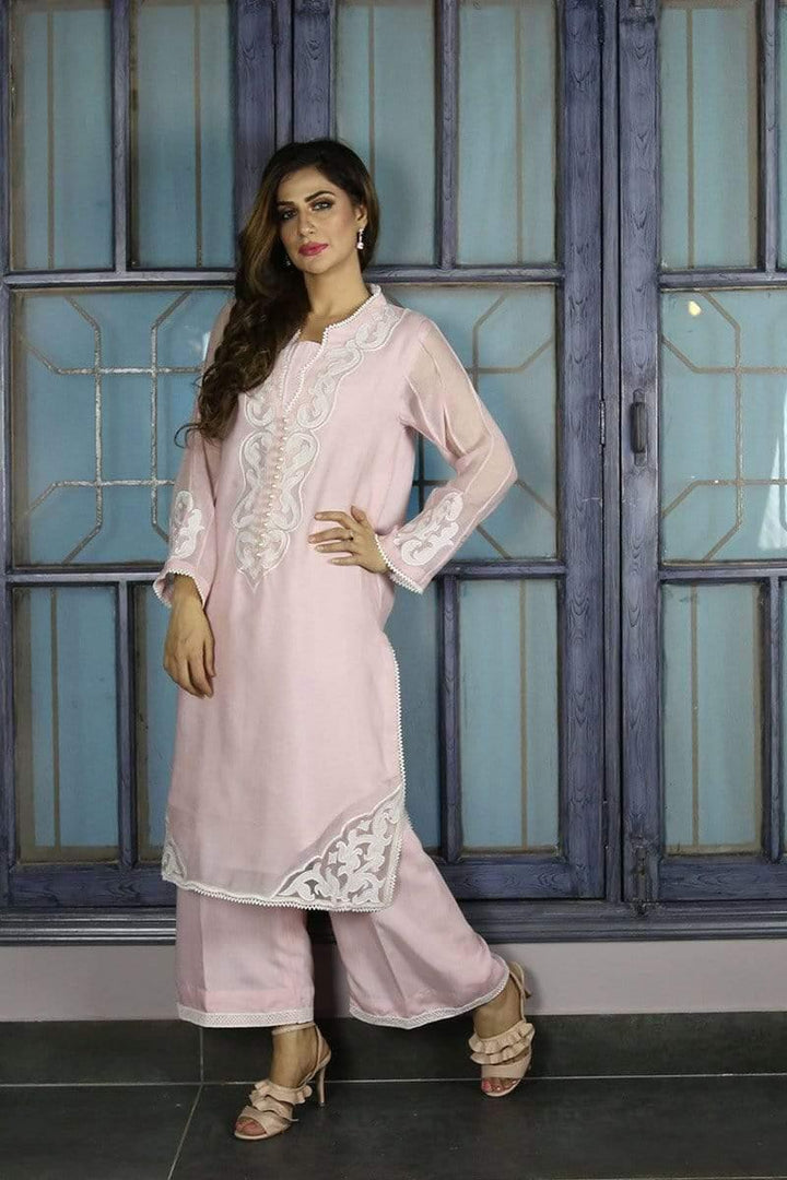 Urooj Atelier - Baby Pink Cotton Neck Applique Shirt - 3 PC