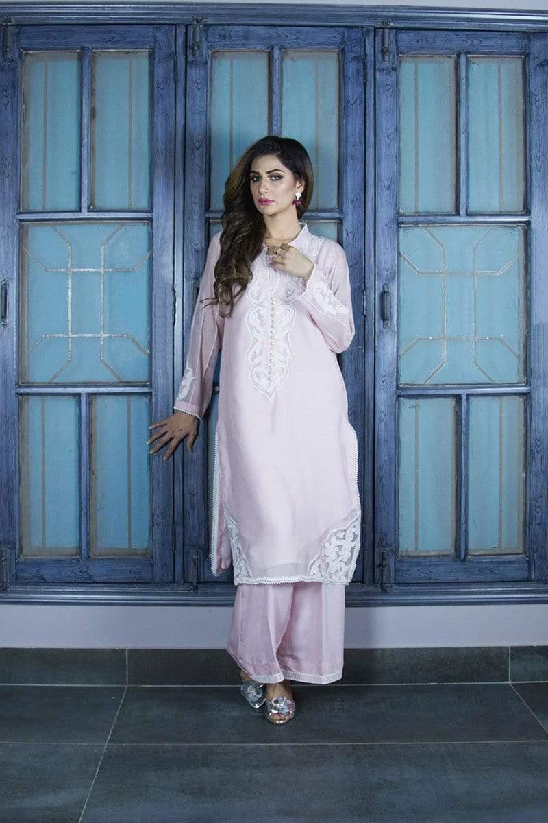 Urooj Atelier - Baby Pink Cotton Neck Applique Shirt - 3 PC