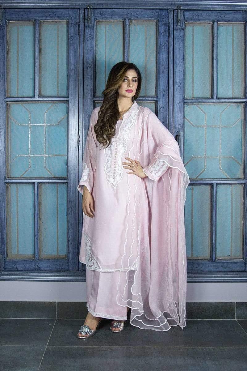 Urooj Atelier - Baby Pink Cotton Neck Applique Shirt - 3 PC