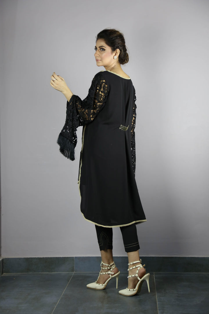 Urooj Atelier - Black Long Croched Sleeves Top - 2 PC