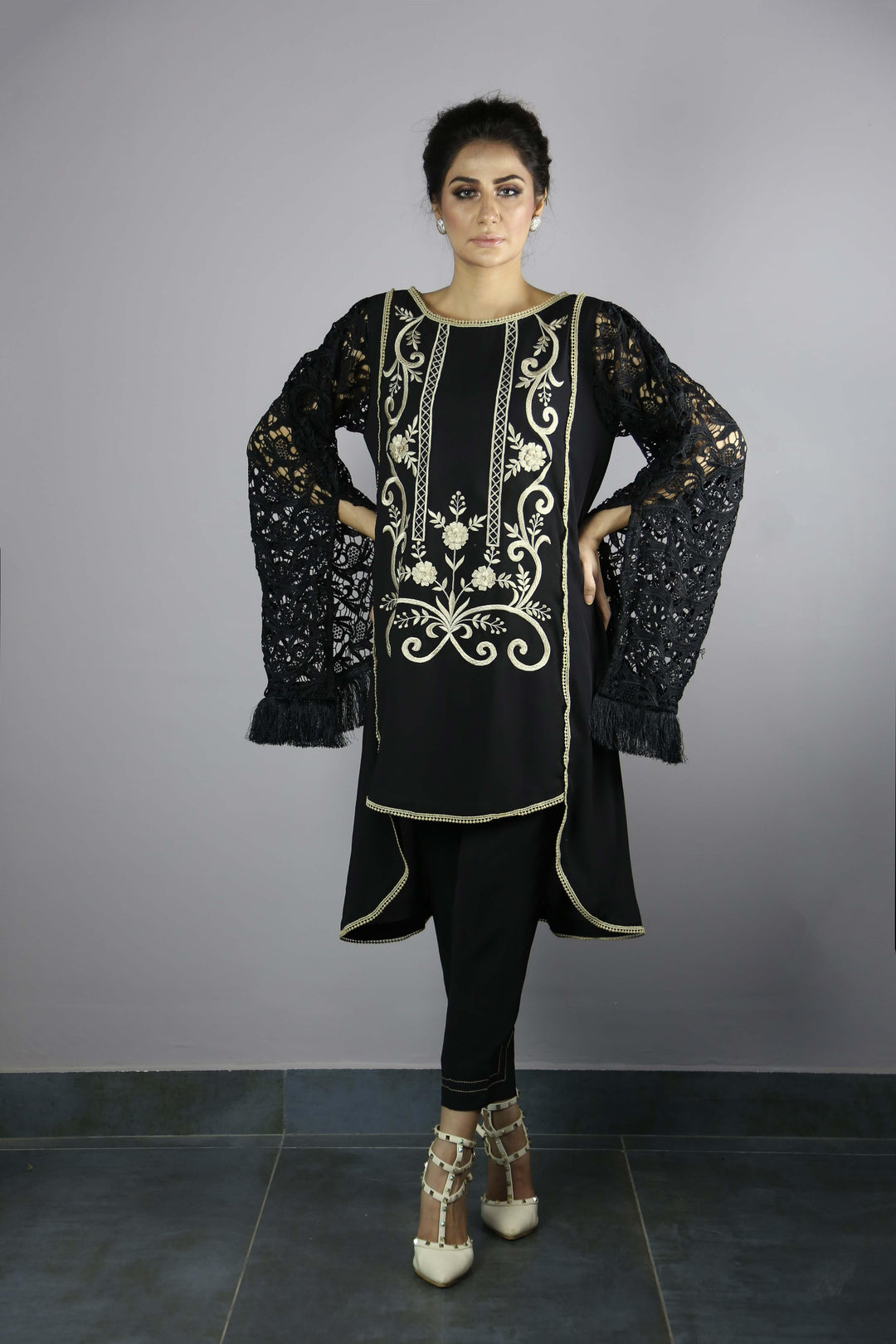 Urooj Atelier - Black Long Croched Sleeves Top - 2 PC
