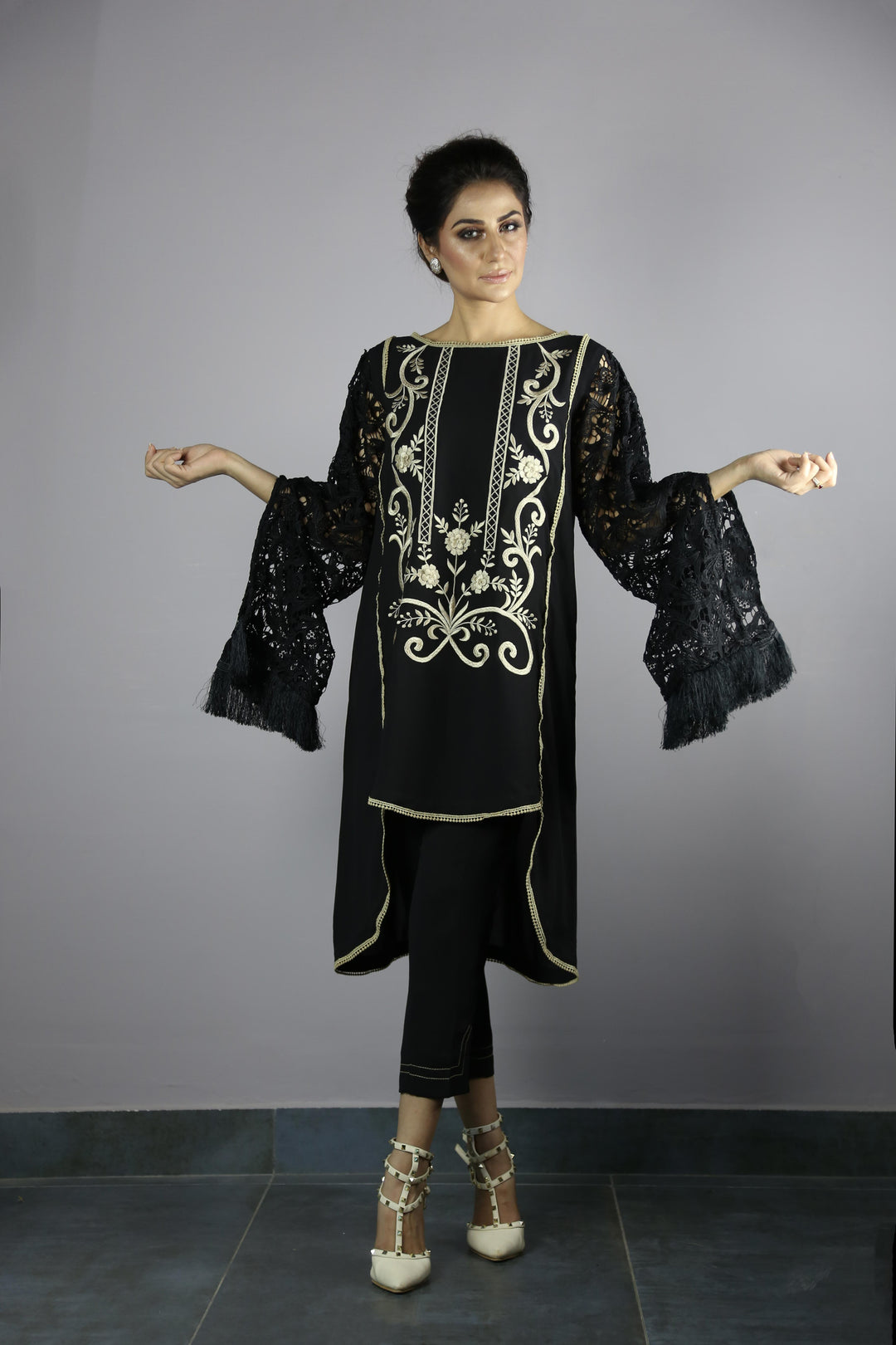 Urooj Atelier - Black Long Croched Sleeves Top - 2 PC