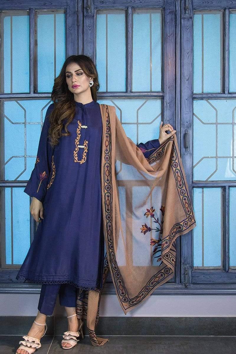 Urooj Atelier - Cobalt Blue Kurta With Embroidery - 3 PC