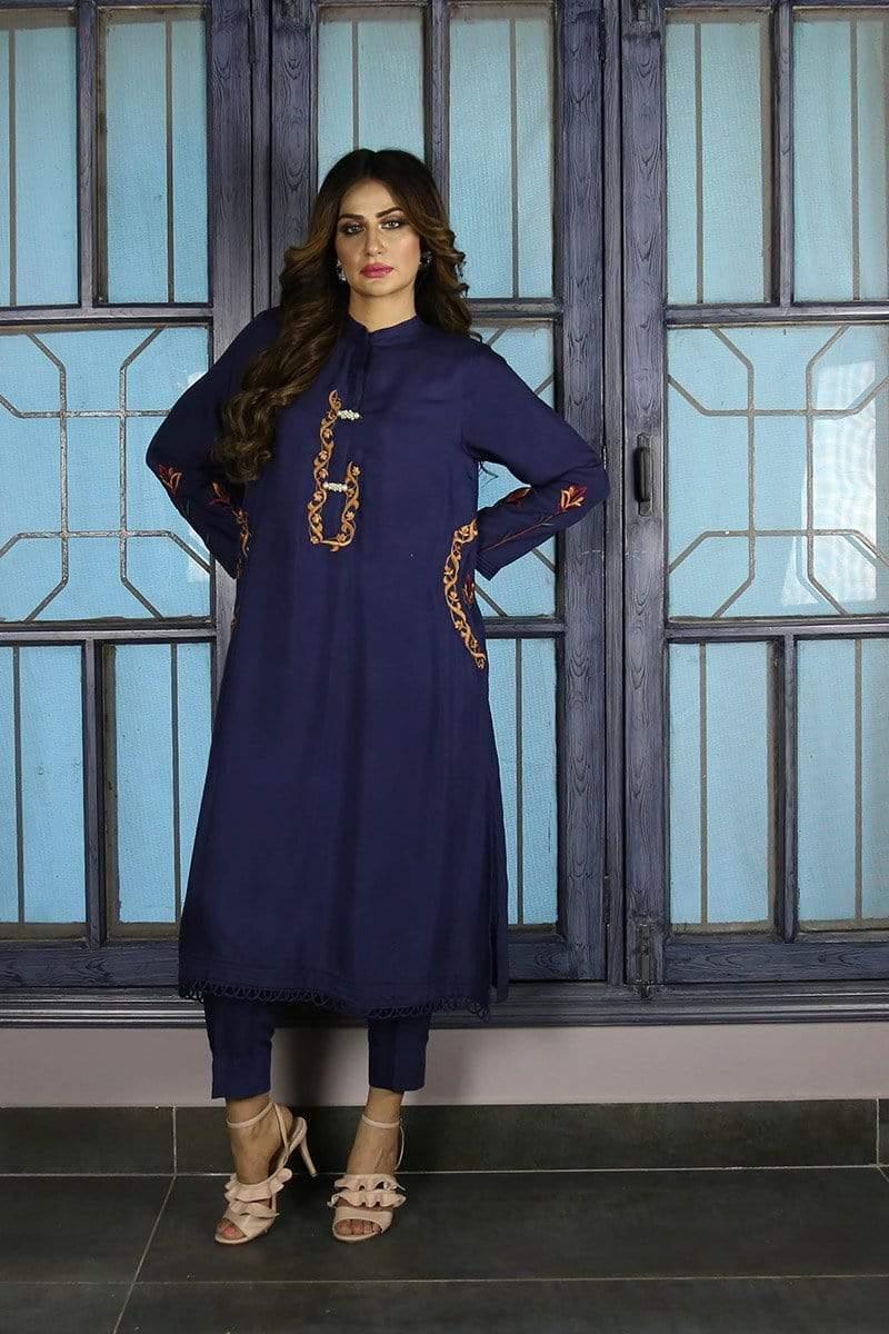 Urooj Atelier - Cobalt Blue Kurta With Embroidery - 3 PC
