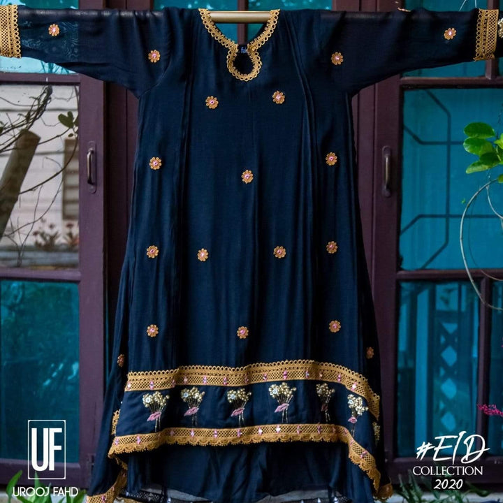 Urooj Atelier - Cotton Net Black & Mustard High Low - 3 PC