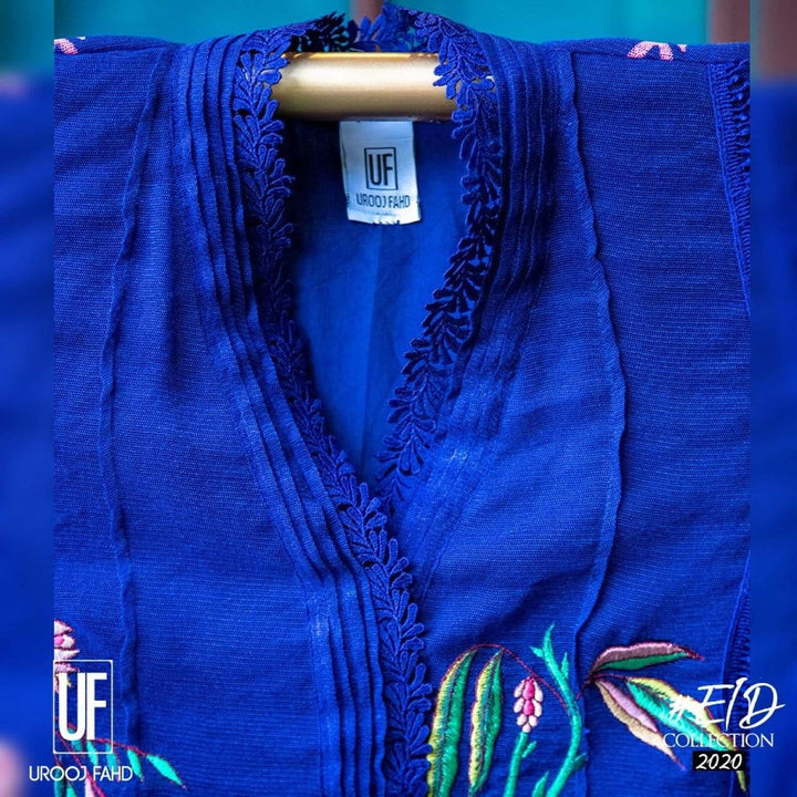 Urooj Atelier - Ink Blue Cotton Net Embroidered - 2 PC