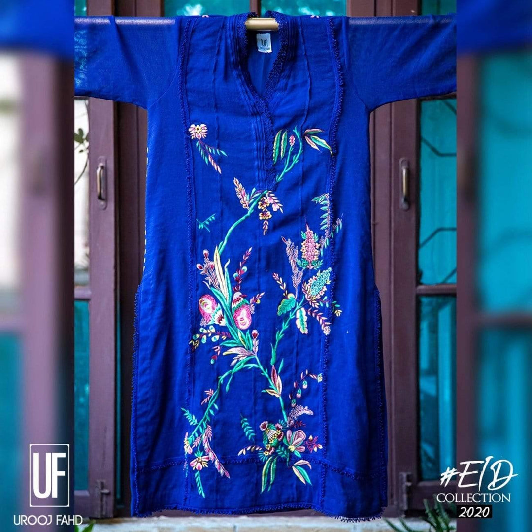 Urooj Atelier - Ink Blue Cotton Net Embroidered - 2 PC