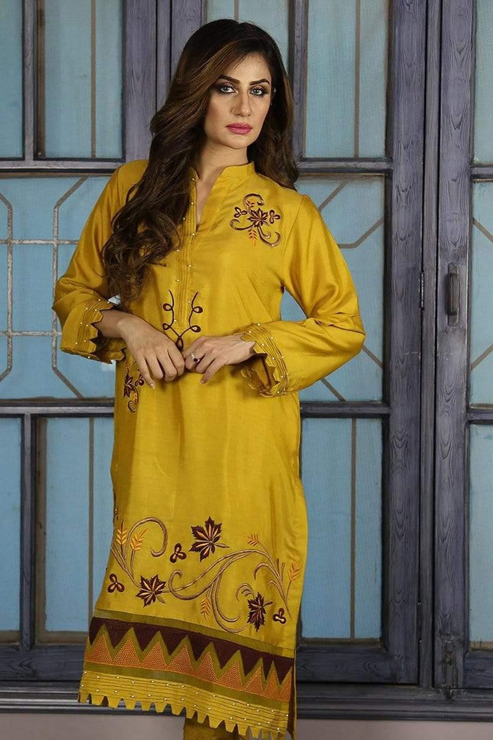 Urooj Atelier - Mustard Cotton Net Shirt - 3 PC