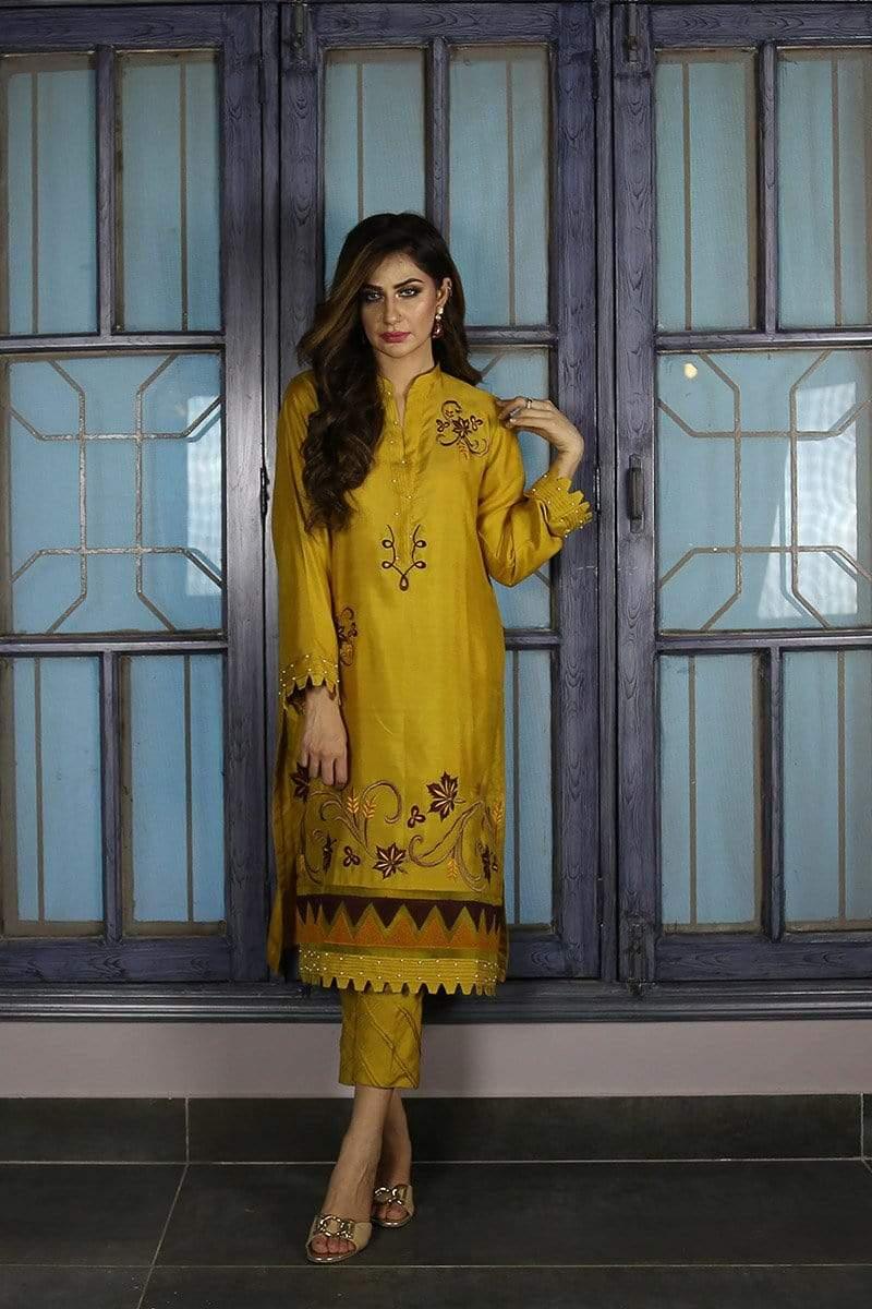 Urooj Atelier - Mustard Cotton Net Shirt - 3 PC