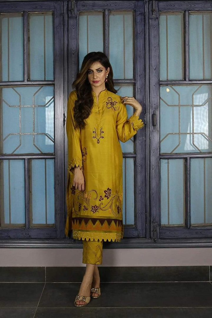 Urooj Atelier - Mustard Cotton Net Shirt - 3 PC