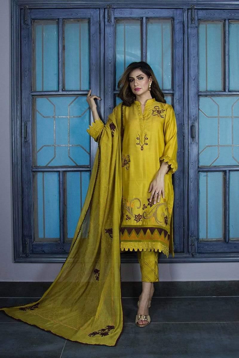 Urooj Atelier - Mustard Cotton Net Shirt - 3 PC