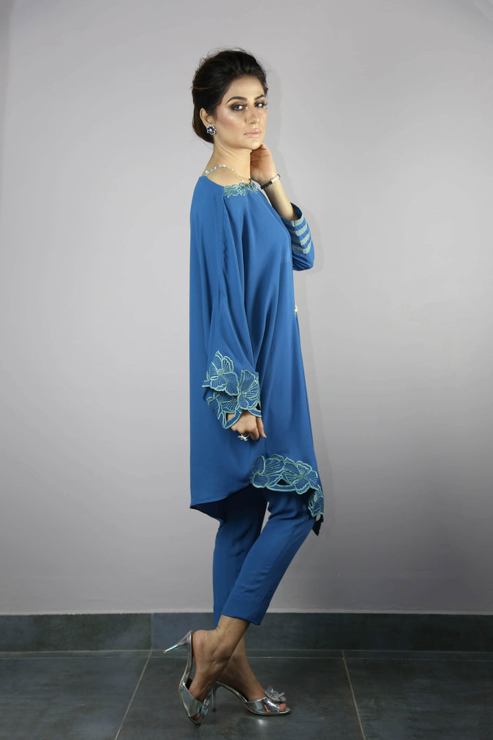 Urooj Atelier - Ocean Blue Angular Cut Work Tunic Top - 2 PC