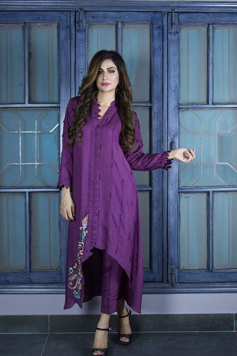 Urooj Atelier - Plum Angular Hemline Shirt - 2 PC