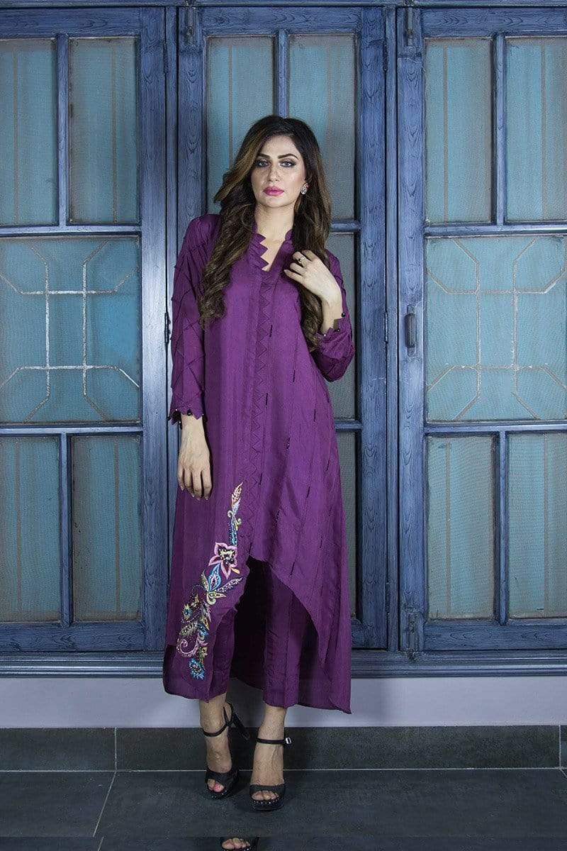 Urooj Atelier - Plum Angular Hemline Shirt - 2 PC