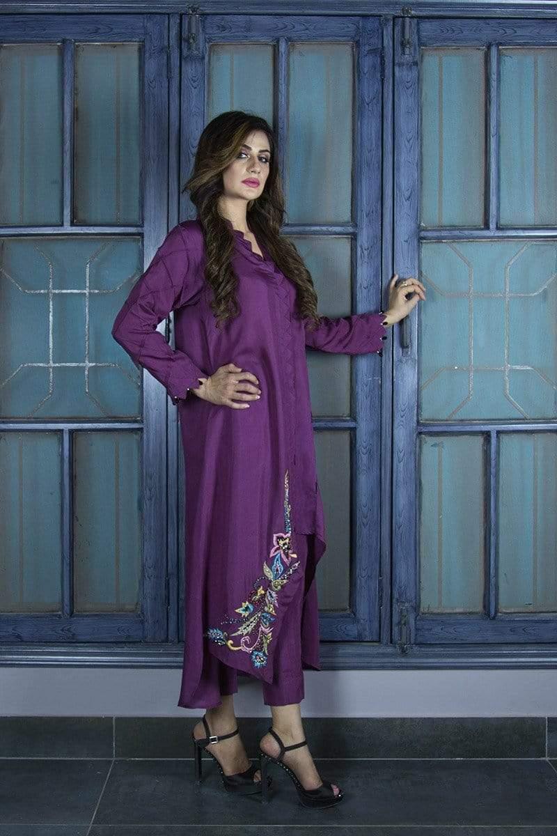 Urooj Atelier - Plum Angular Hemline Shirt - 2 PC