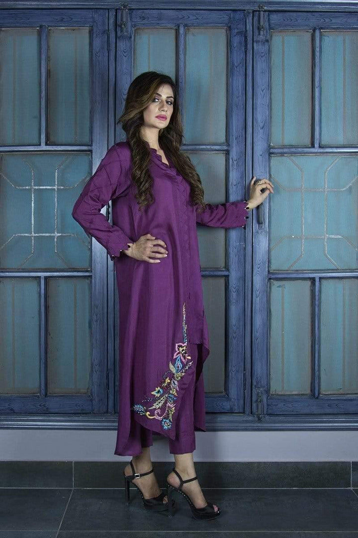 Urooj Atelier - Plum Angular Hemline Shirt - 2 PC