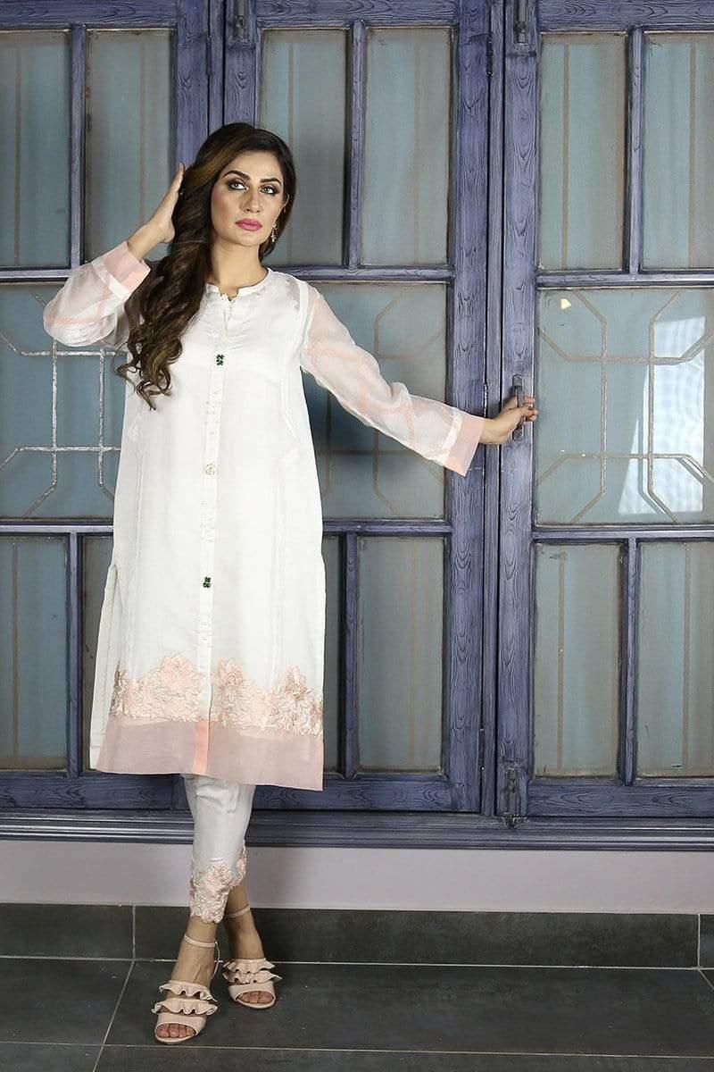 Urooj Atelier - White Block Printed Sleeves Shirt - 2 PC