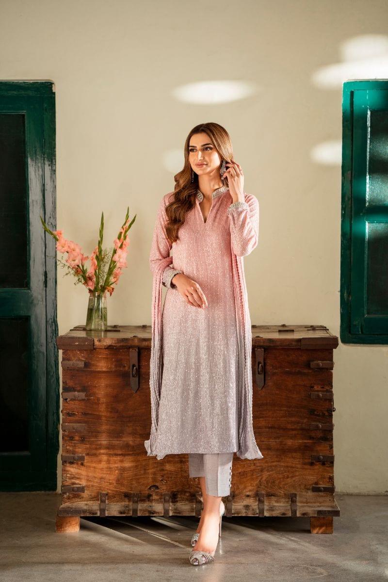 Ushna Shah in Natasha Kamal - Pink Embroidered Net Shirt and Raw Silk Pants with Ombre Crushed Silk Dupatta - 3 Pieces