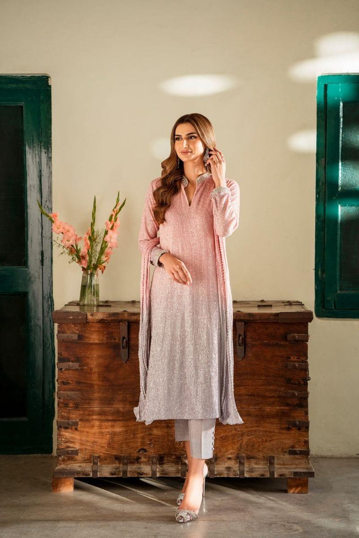 Ushna Shah in Natasha Kamal - Pink Embroidered Net Shirt and Raw Silk Pants with Ombre Crushed Silk Dupatta - 3 Pieces