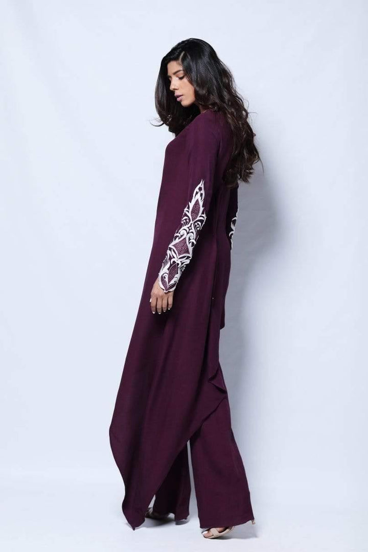 Natasha Kamal - Violet Plum Asymmetrical Tunic With Embroidered Sleeves With Georgette Trouser