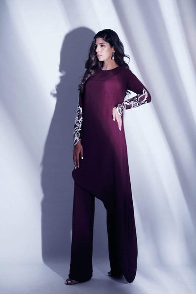 Natasha Kamal - Violet Plum Asymmetrical Tunic With Embroidered Sleeves With Georgette Trouser
