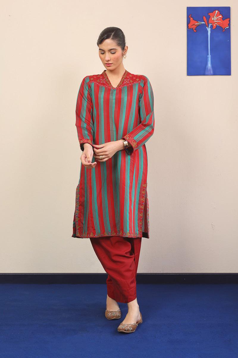 Generation - Morocon Kaftaan Embroidered 2-Piece - Red - Cotton