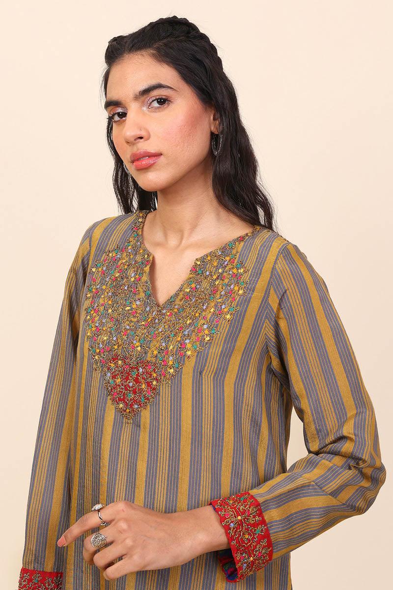 Generation - Morocon Kaftaan Embroidered 2 Piece - Mustard - Cotton