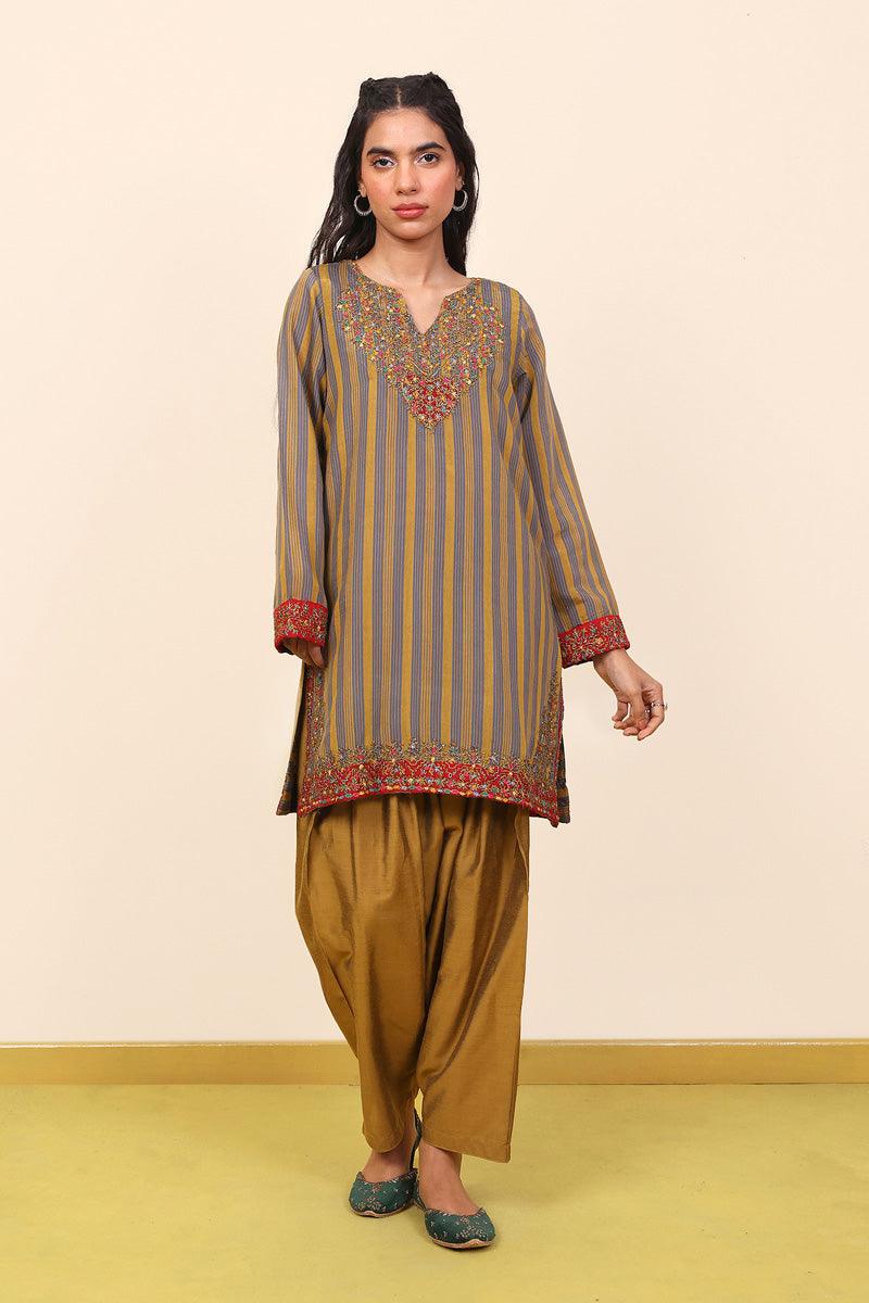 Generation - Morocon Kaftaan Embroidered 2 Piece - Mustard - Cotton