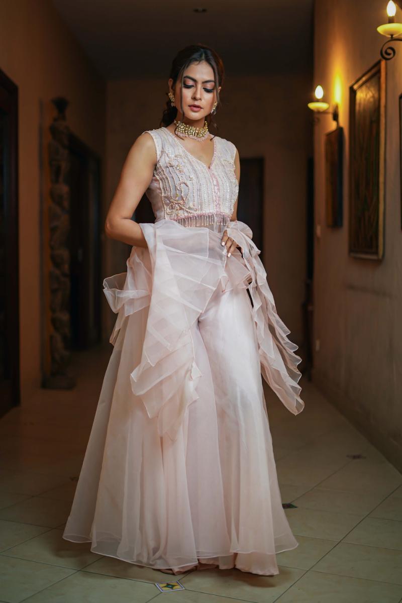 Yasmin Zaman - Baby pink organza top with flaired organza pants - F - 212 - 3 Piece