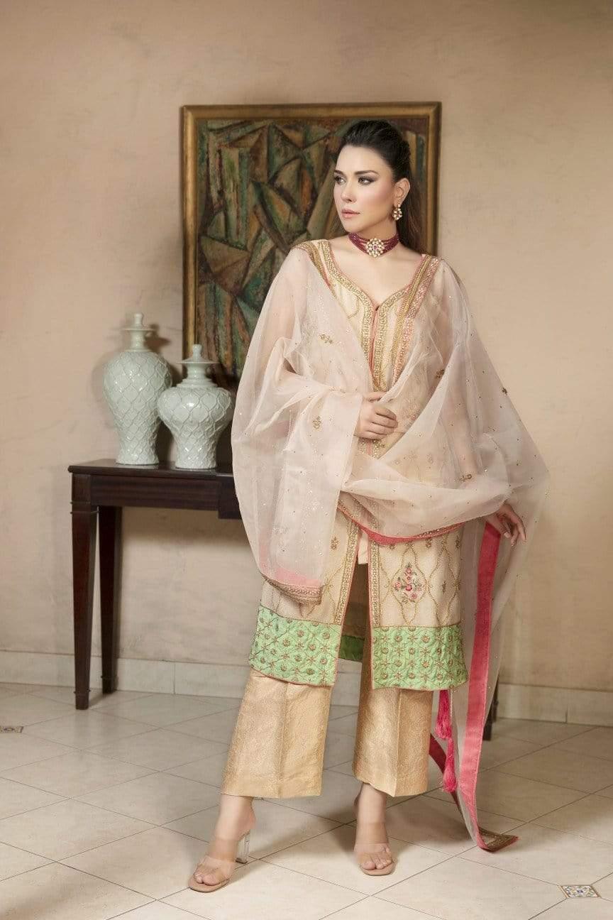 Yasmin Zaman - Beige Mysore Net Shirt with Jamawar Pants and Organza Dupatta - F-177 - 3 Piece