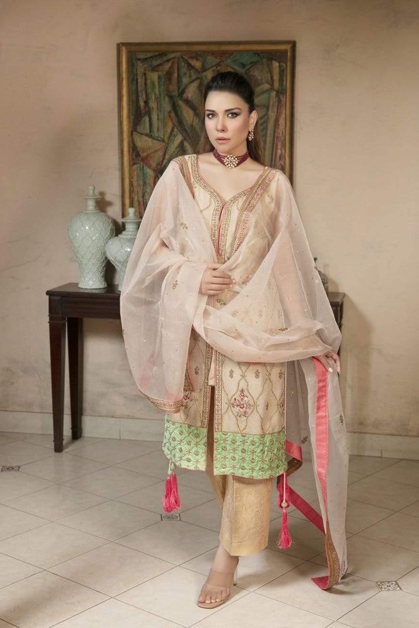 Yasmin Zaman - Beige Mysore Net Shirt with Jamawar Pants and Organza Dupatta - F-177 - 3 Piece